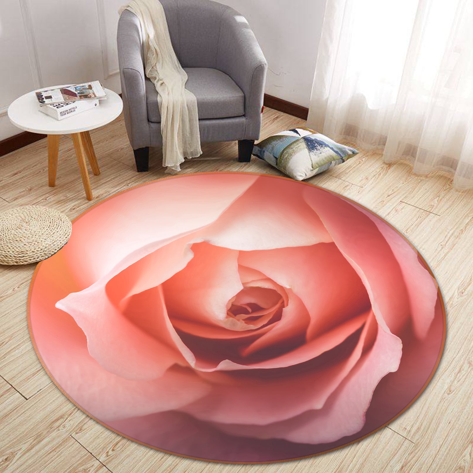 3D Pink Flowers 71195 Round Non Slip Rug Mat