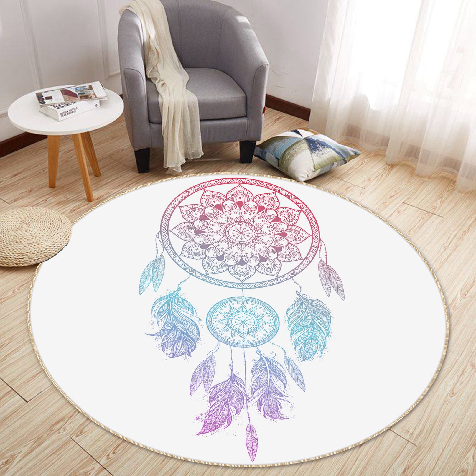 3D Pink Blue Dream Catcher 29016 Round Non Slip Rug Mat