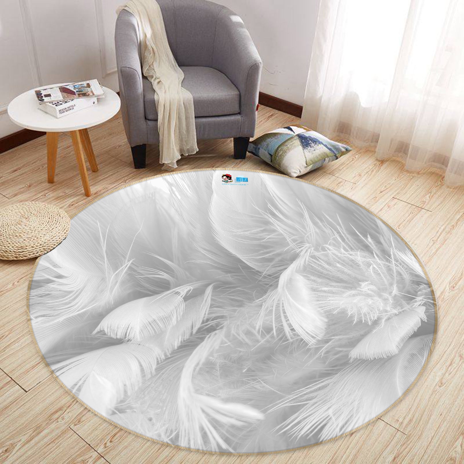 3D White Feather 81222 Round Non Slip Rug Mat