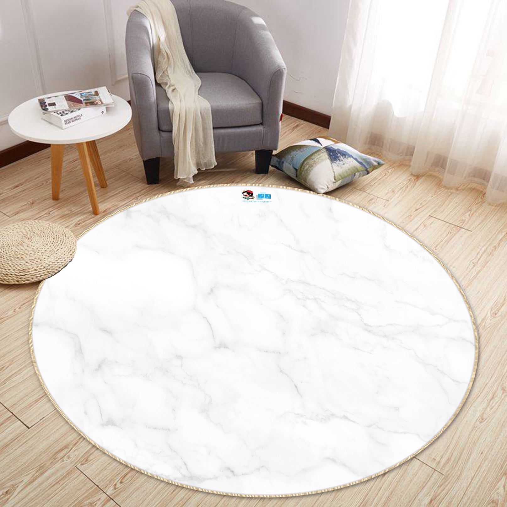3D White Marble 72187 Round Non Slip Rug Mat