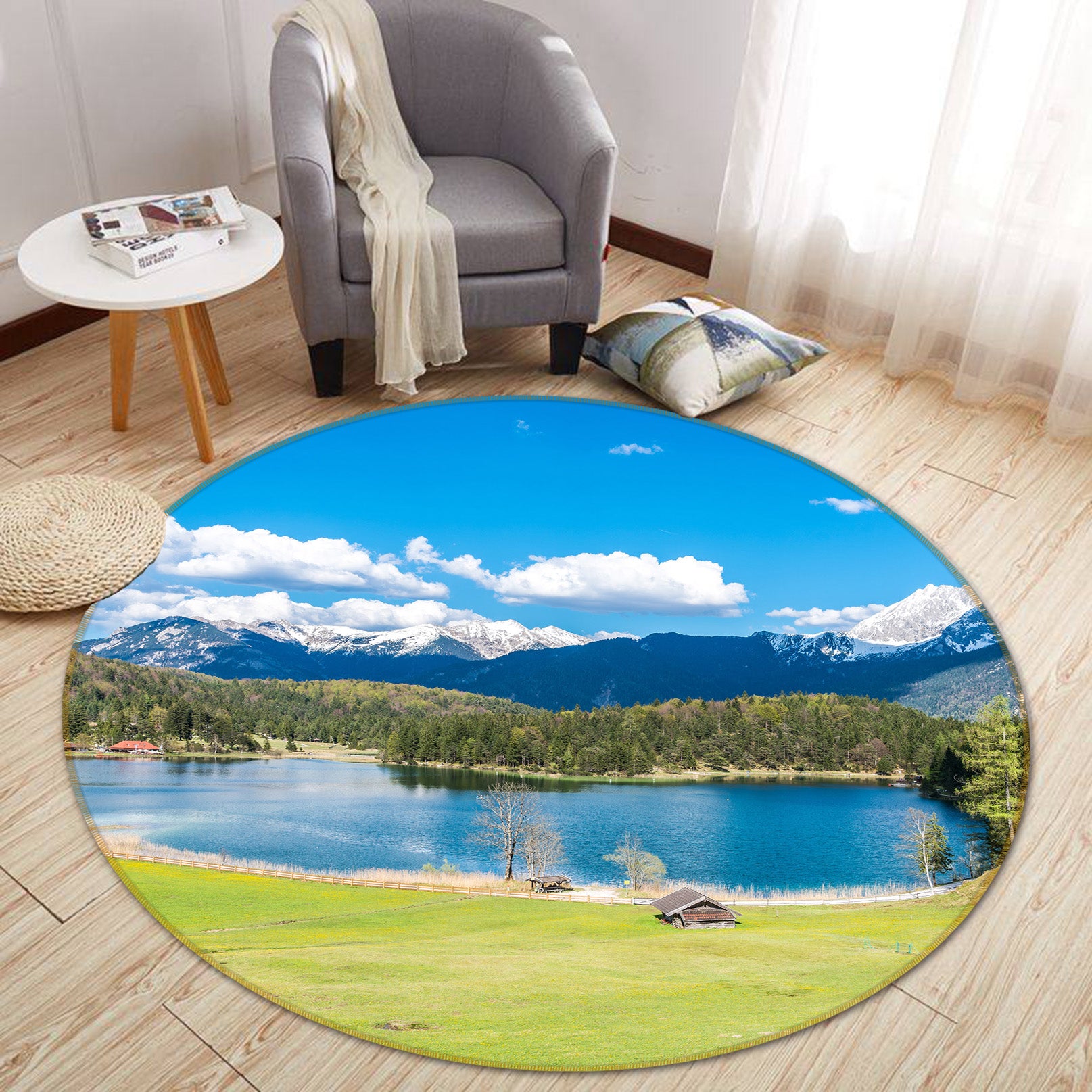 3D Snow Mountain Lake Sky 71193 Round Non Slip Rug Mat