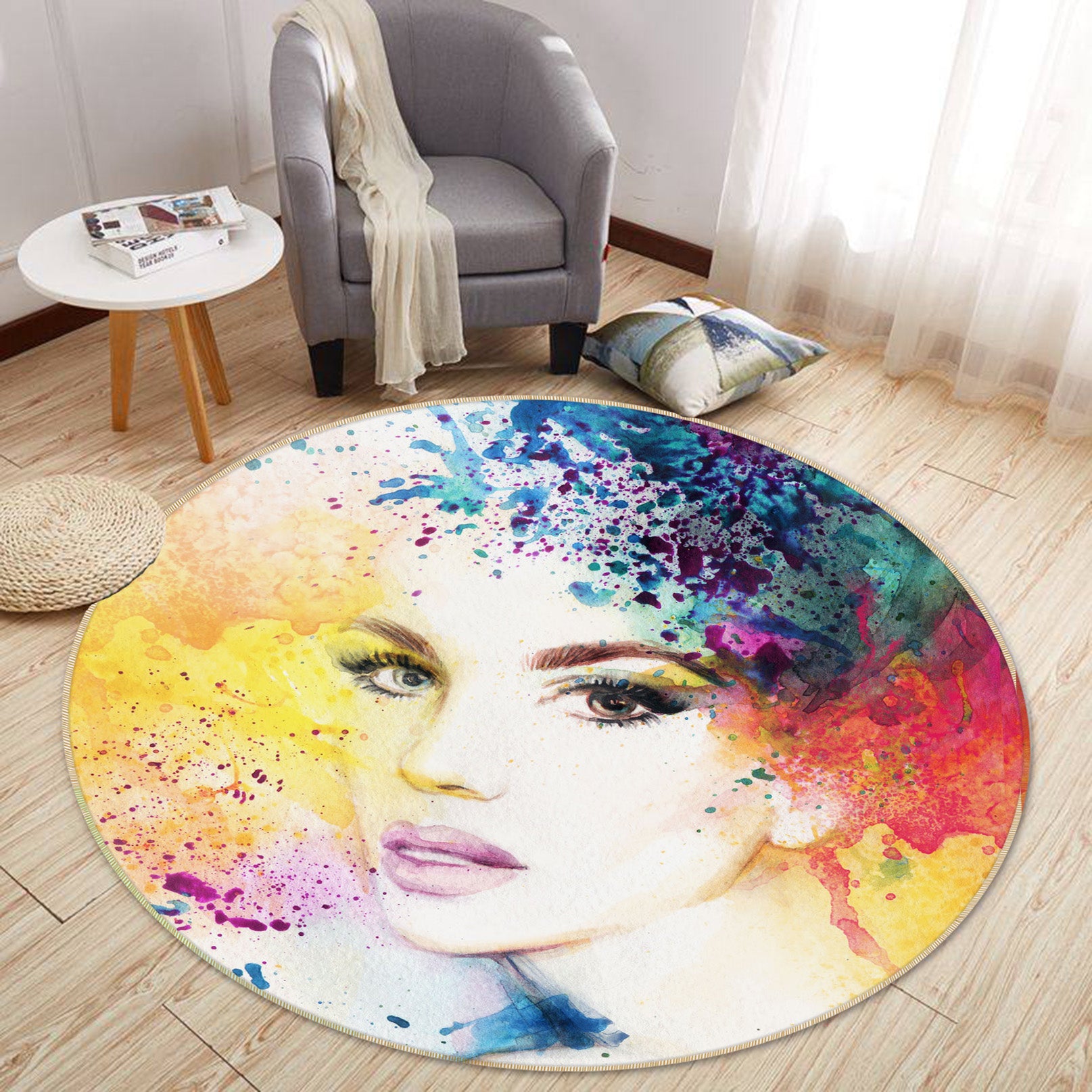 3D Watercolor Beauty 37003 Round Non Slip Rug Mat