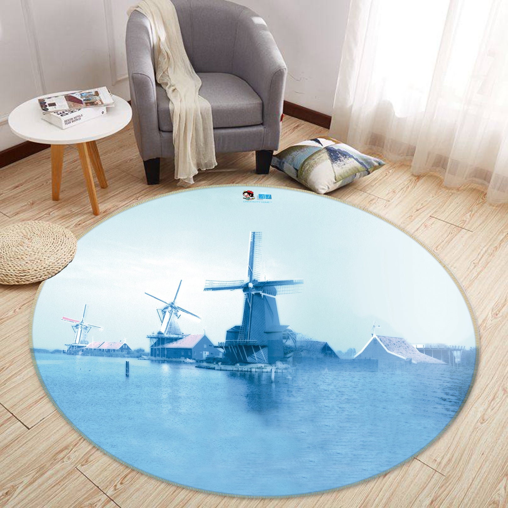 3D Blue Windmill 72269 Round Non Slip Rug Mat