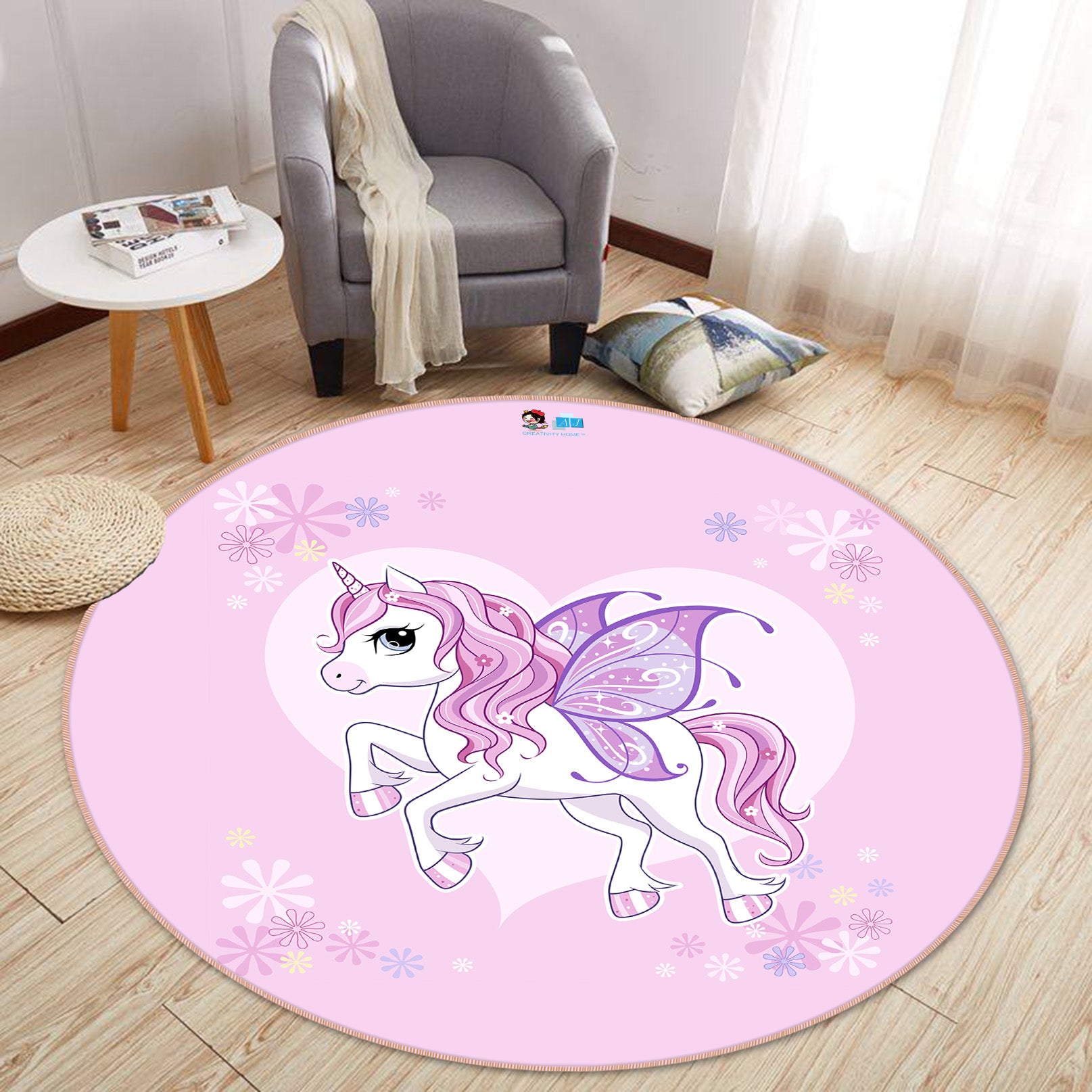 3D Purple Pink Unicorn 74234 Round Non Slip Rug Mat