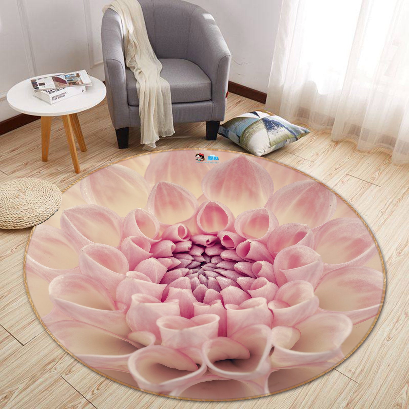 3D Pink Flower Bud 7331 Assaf Frank Rug Round Non Slip Rug Mat