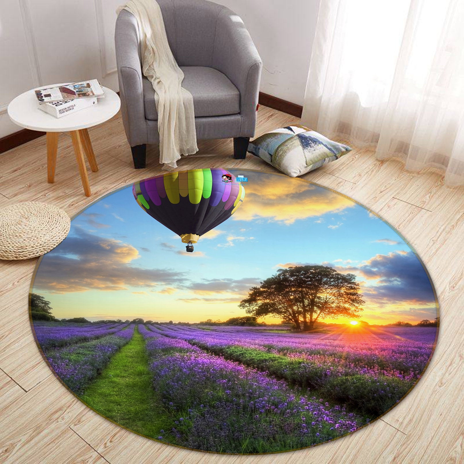 3D Hot Air Balloon Lavender Bushes 69159 Round Non Slip Rug Mat