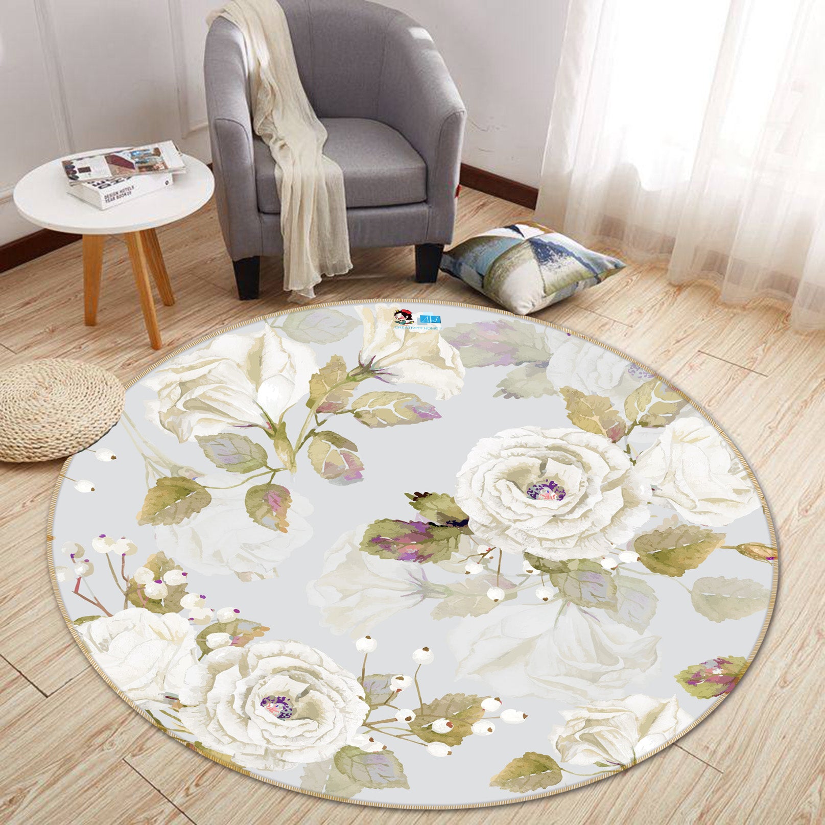 3D White Flower 64123 Round Non Slip Rug Mat