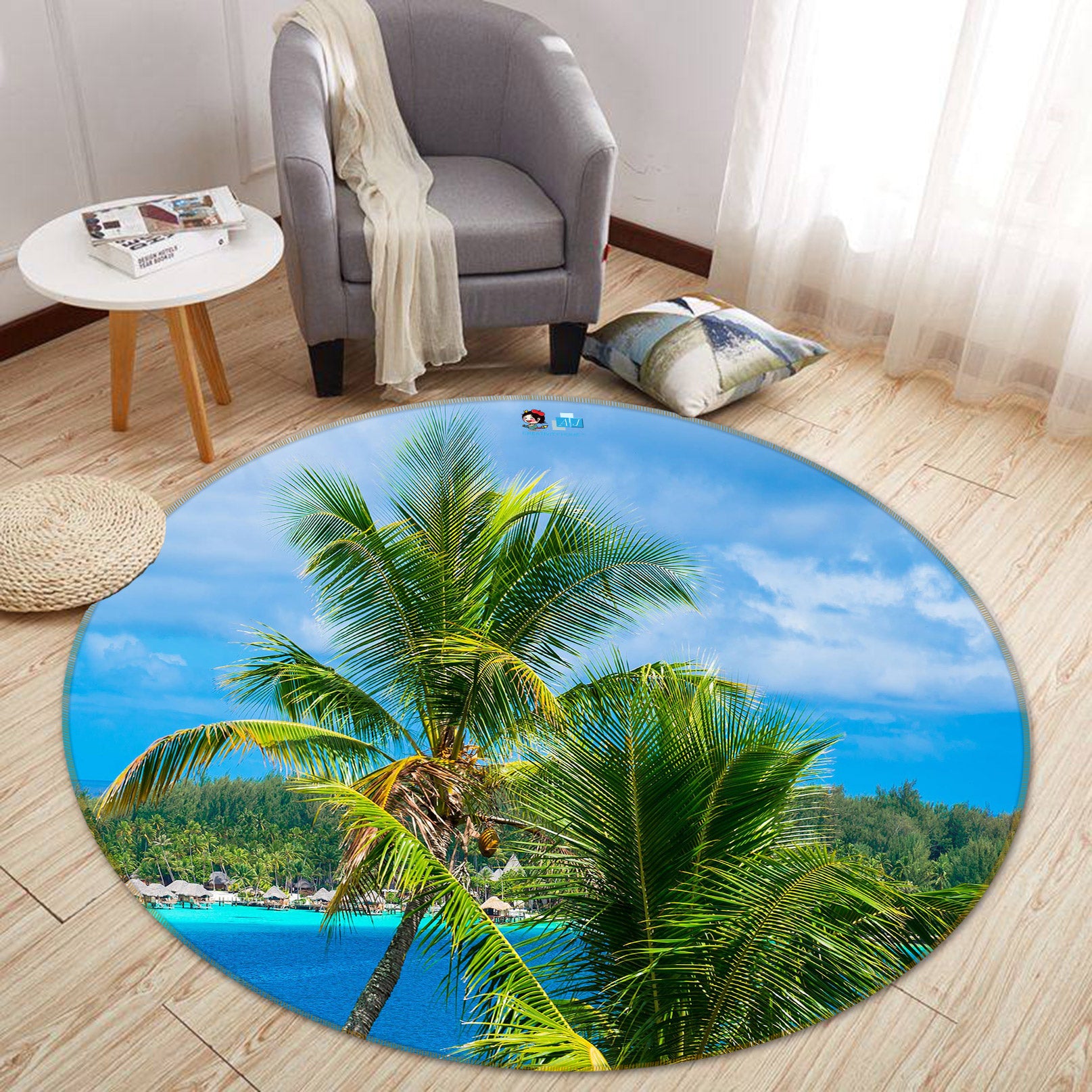 3D Coconut Tree 72199 Round Non Slip Rug Mat