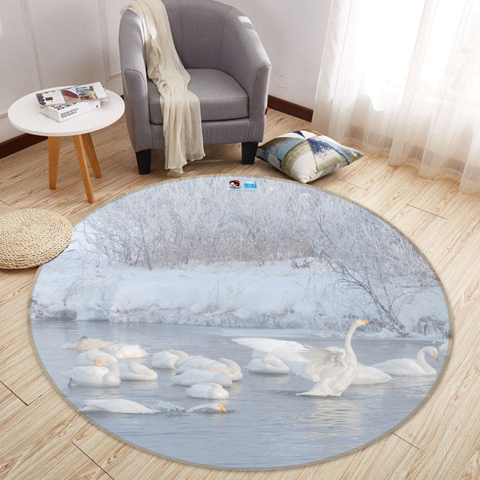 3D Snow Swan 74189 Round Non Slip Rug Mat