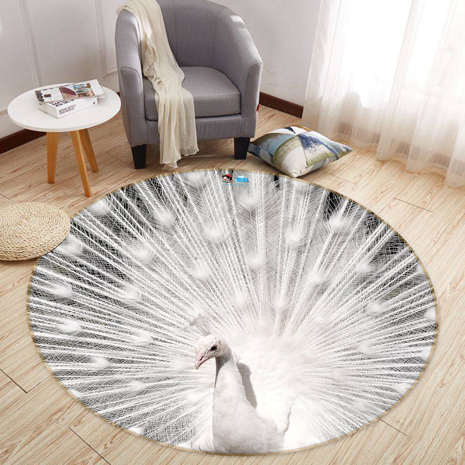 3D White Peacock 81155 Round Non Slip Rug Mat
