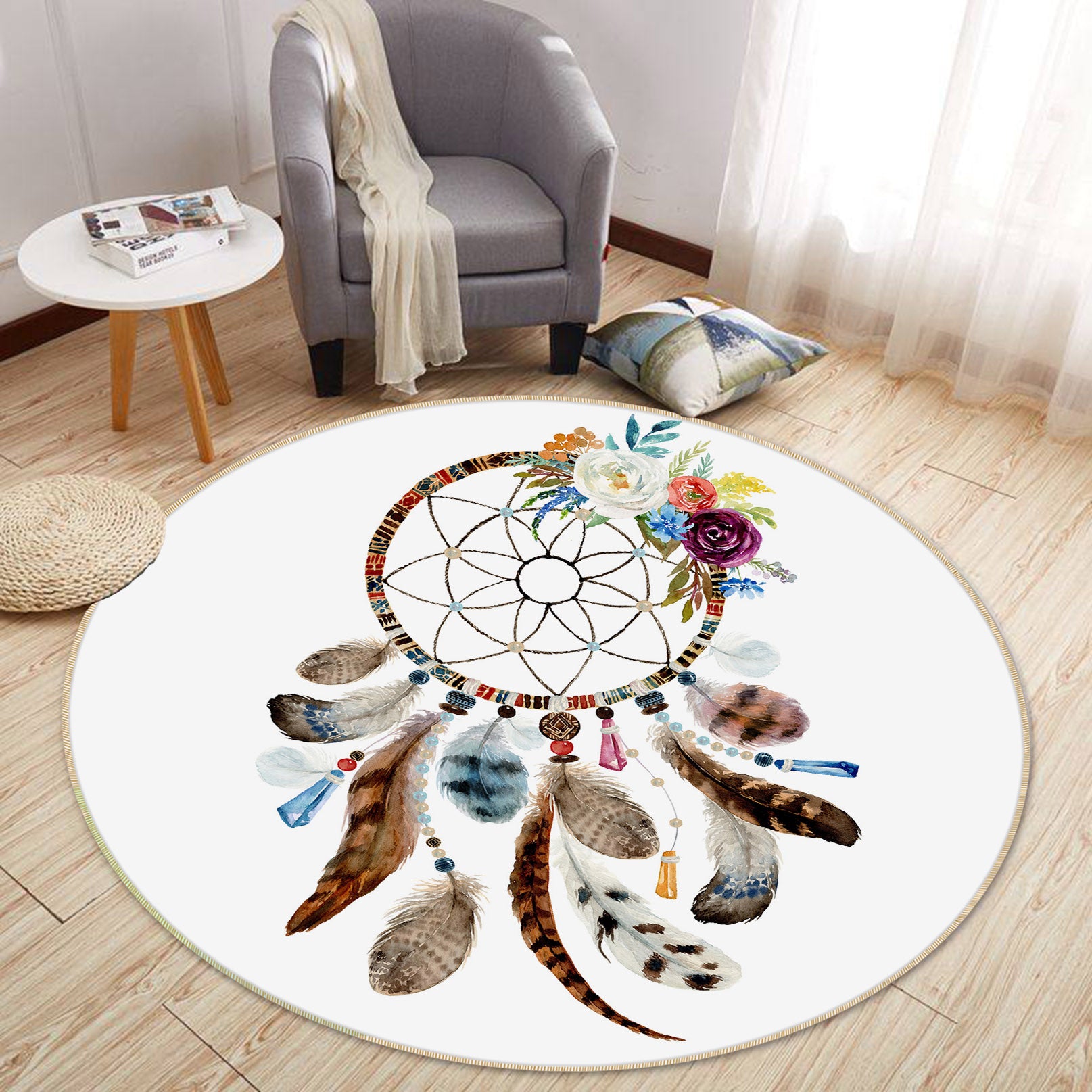 3D Dream Catcher Feather 29071 Round Non Slip Rug Mat