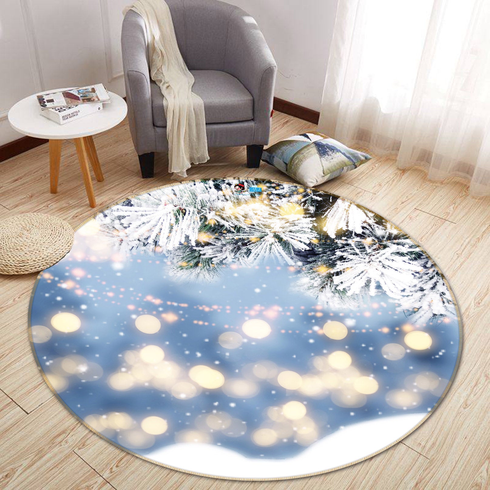 3D Snow Aperture Branches 54202 Christmas Round Non Slip Rug Mat Xmas