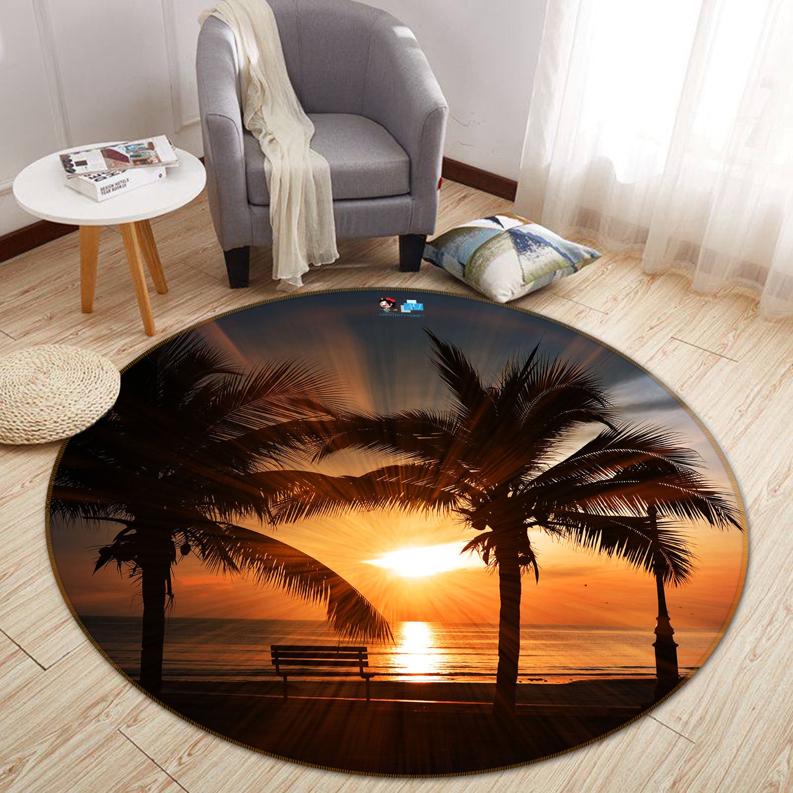 3D Coconut Tree 64098 Round Non Slip Rug Mat