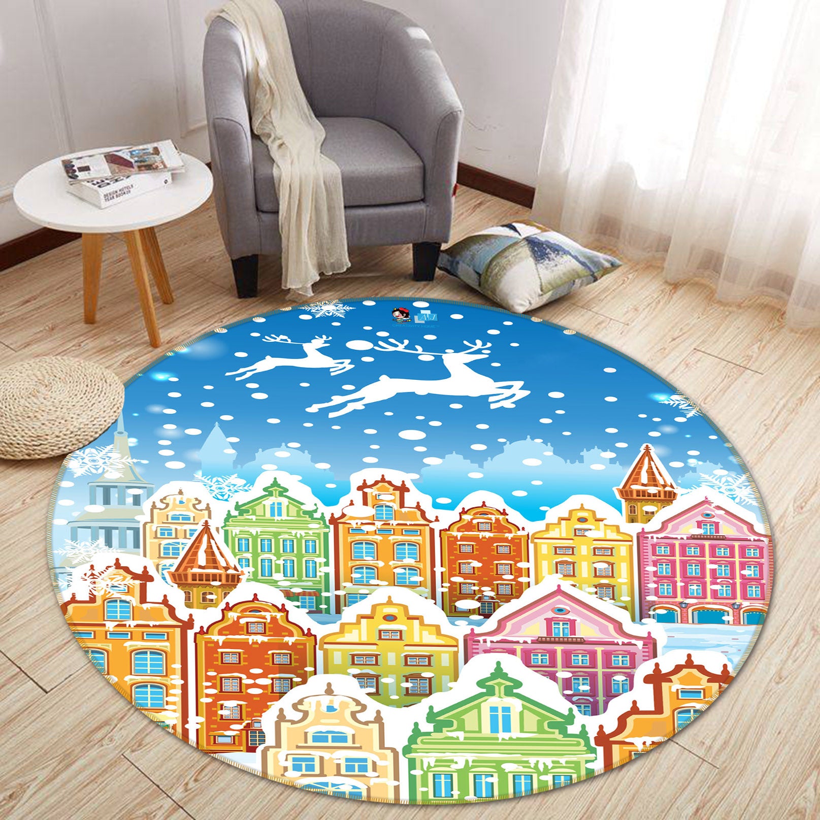 3D Colorful Houses 54138 Christmas Round Non Slip Rug Mat Xmas