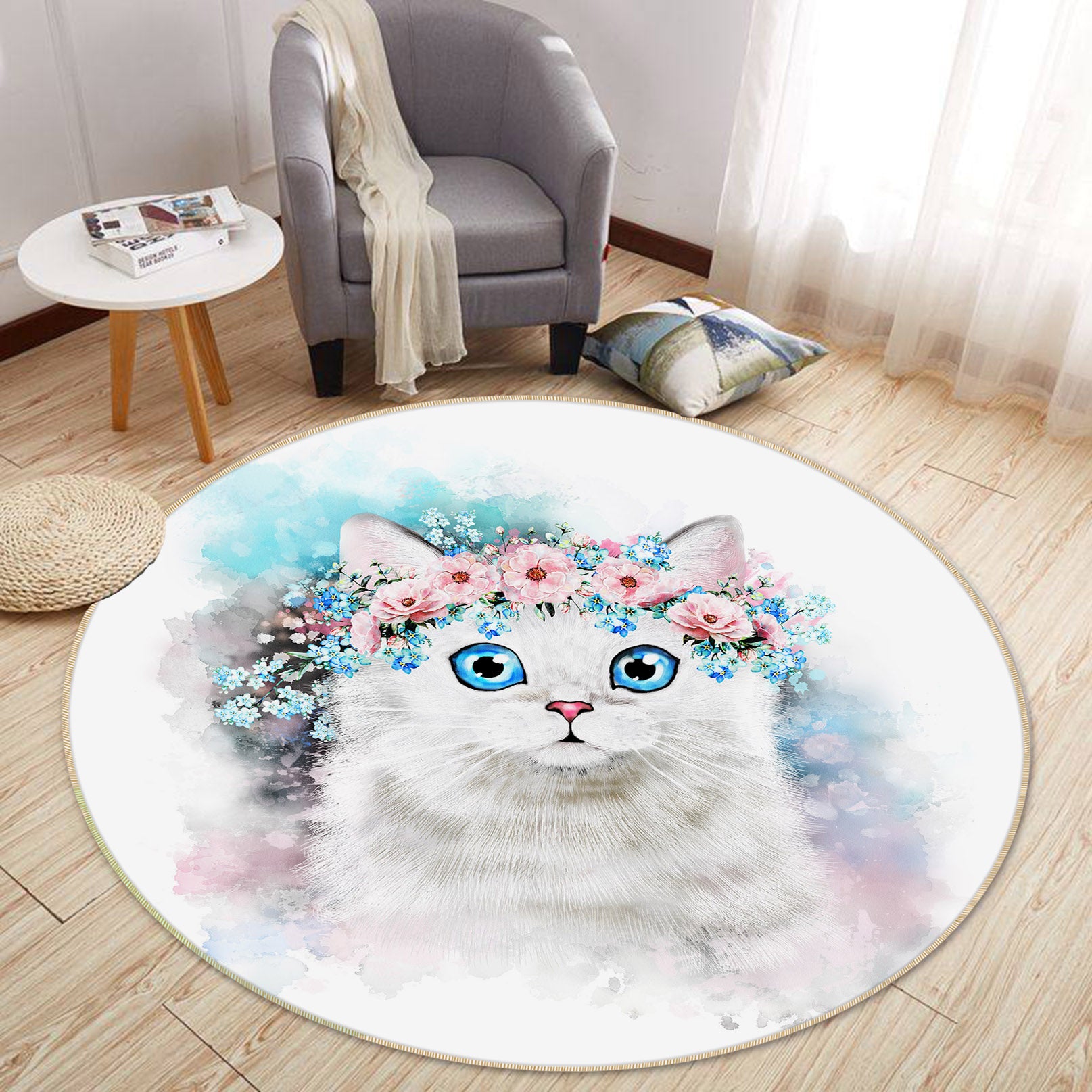 3D White Cat 29072 Round Non Slip Rug Mat