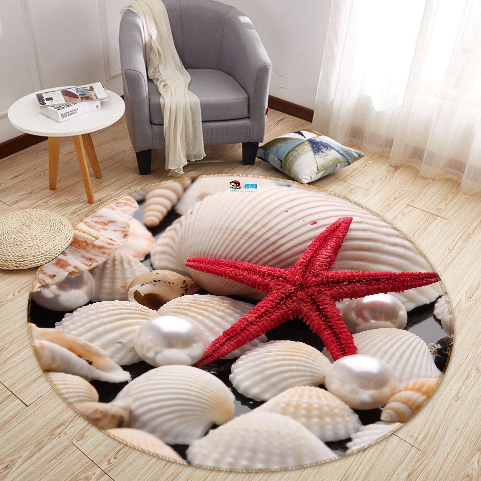 3D Starfish Shell Pearl 72201 Round Non Slip Rug Mat