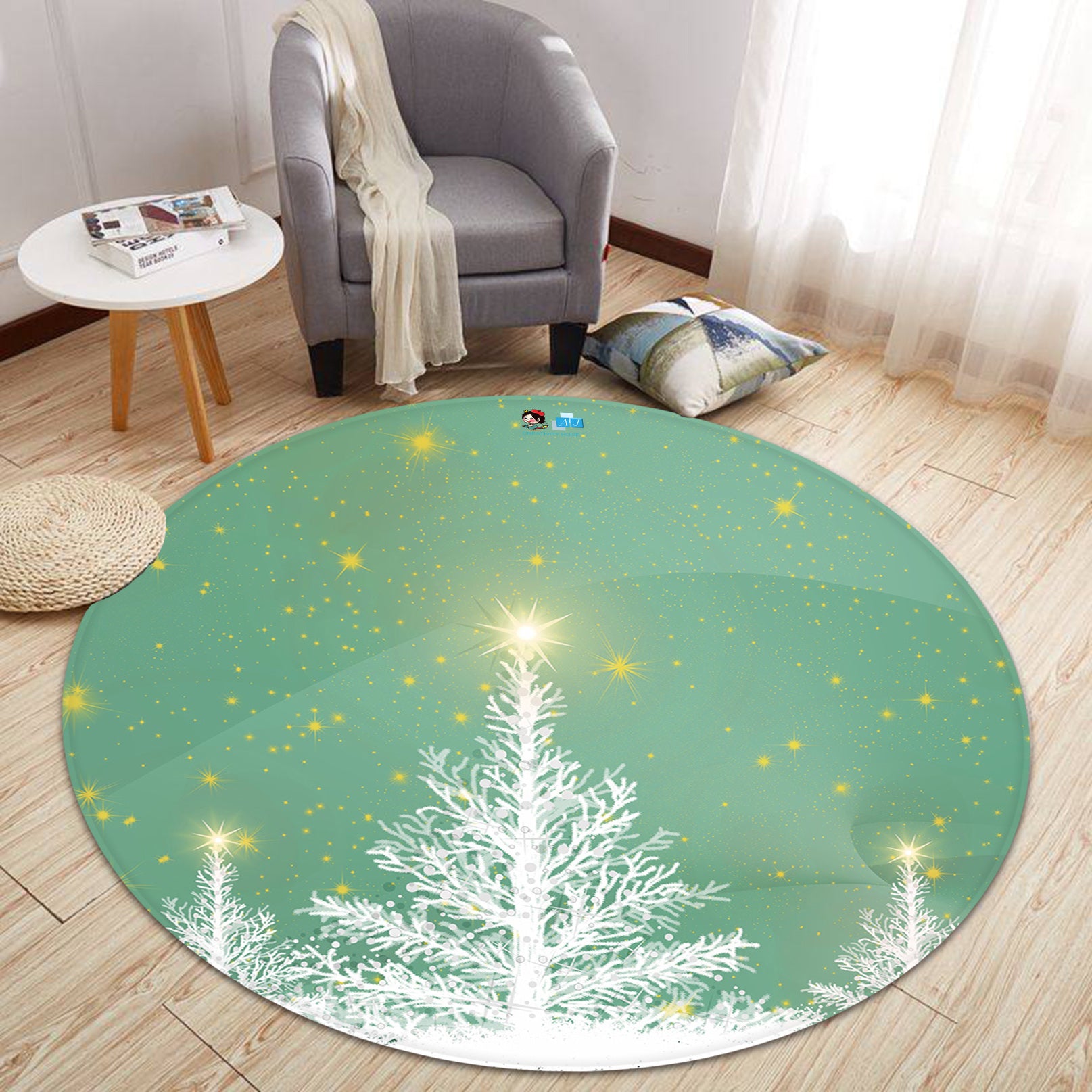 3D White Tree 65234 Christmas Round Non Slip Rug Mat Xmas