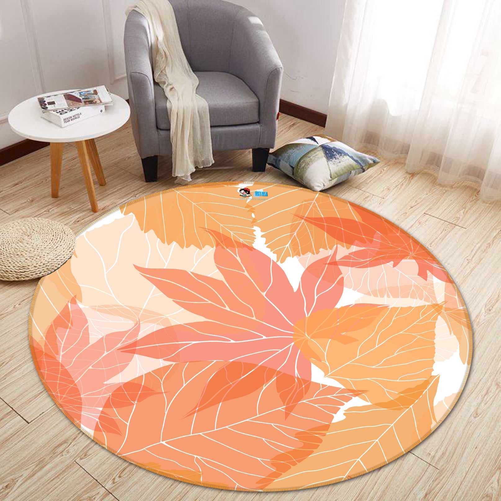 3D Orange Maple Leaf 64129 Round Non Slip Rug Mat