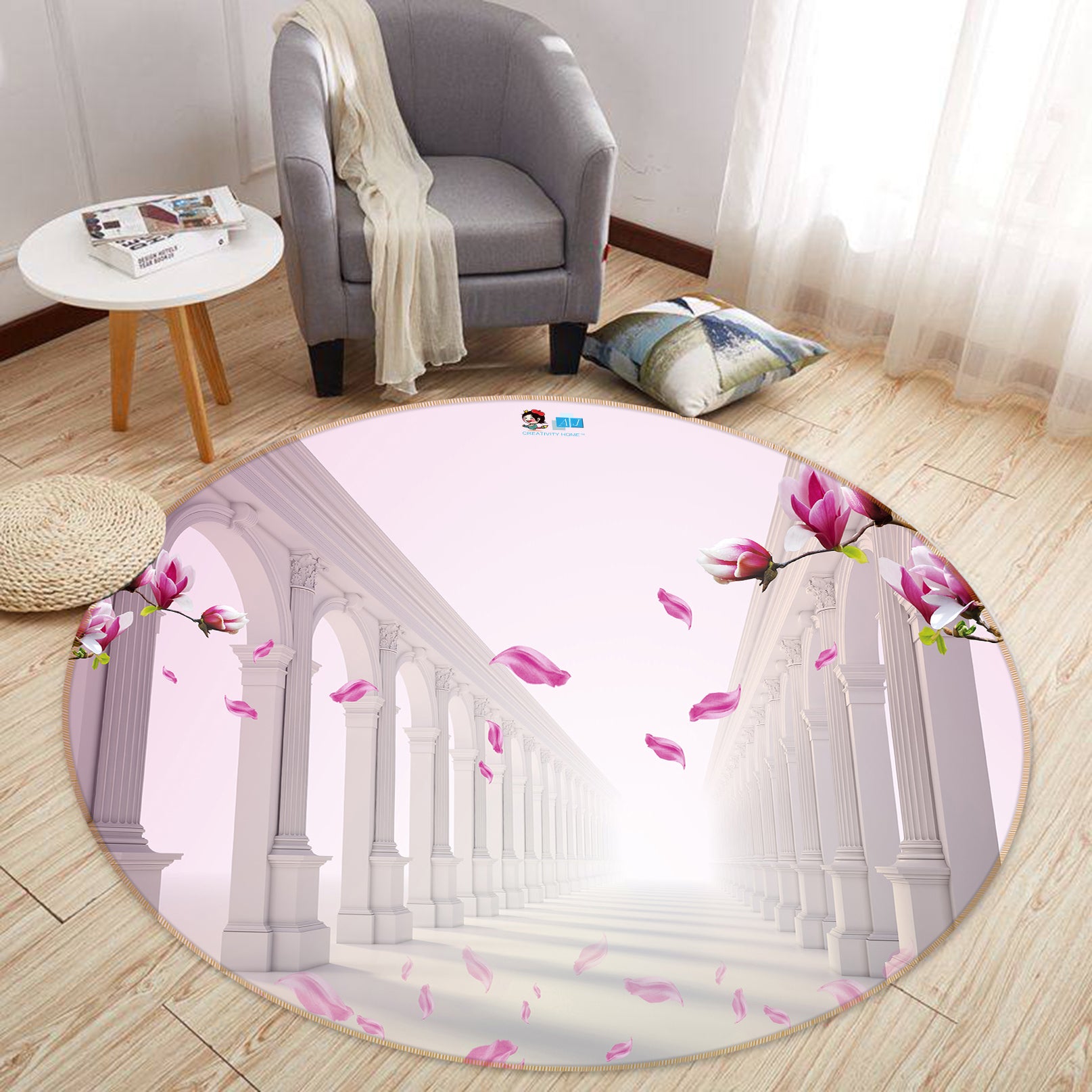 3D Roman Column Petal 72246 Round Non Slip Rug Mat