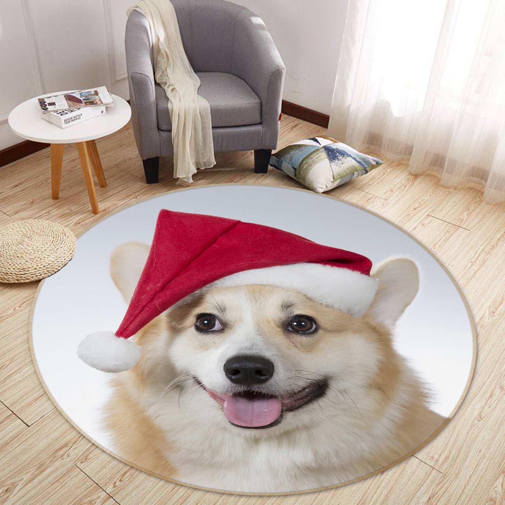 3D Christmas Hat Dog 29051 Round Non Slip Rug Mat