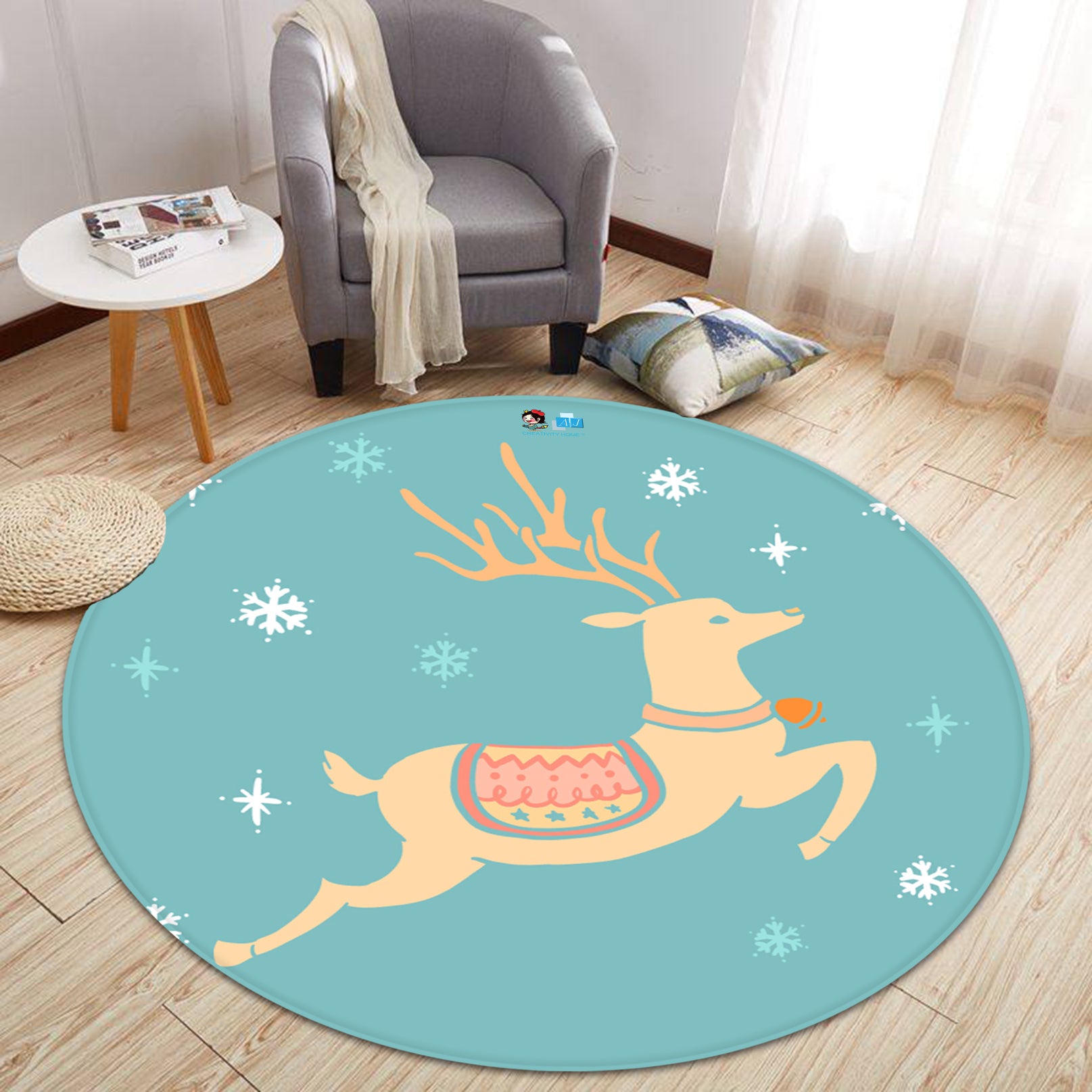3D Deer Jumping 65239 Christmas Round Non Slip Rug Mat Xmas