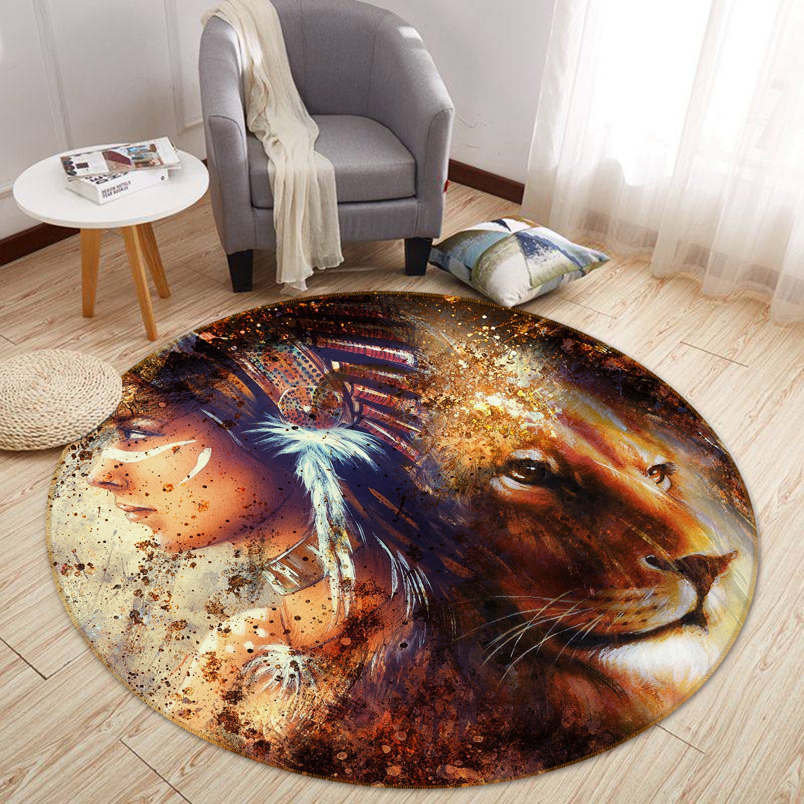 3D Lion Girl 37226 Animal Round Non Slip Rug Mat