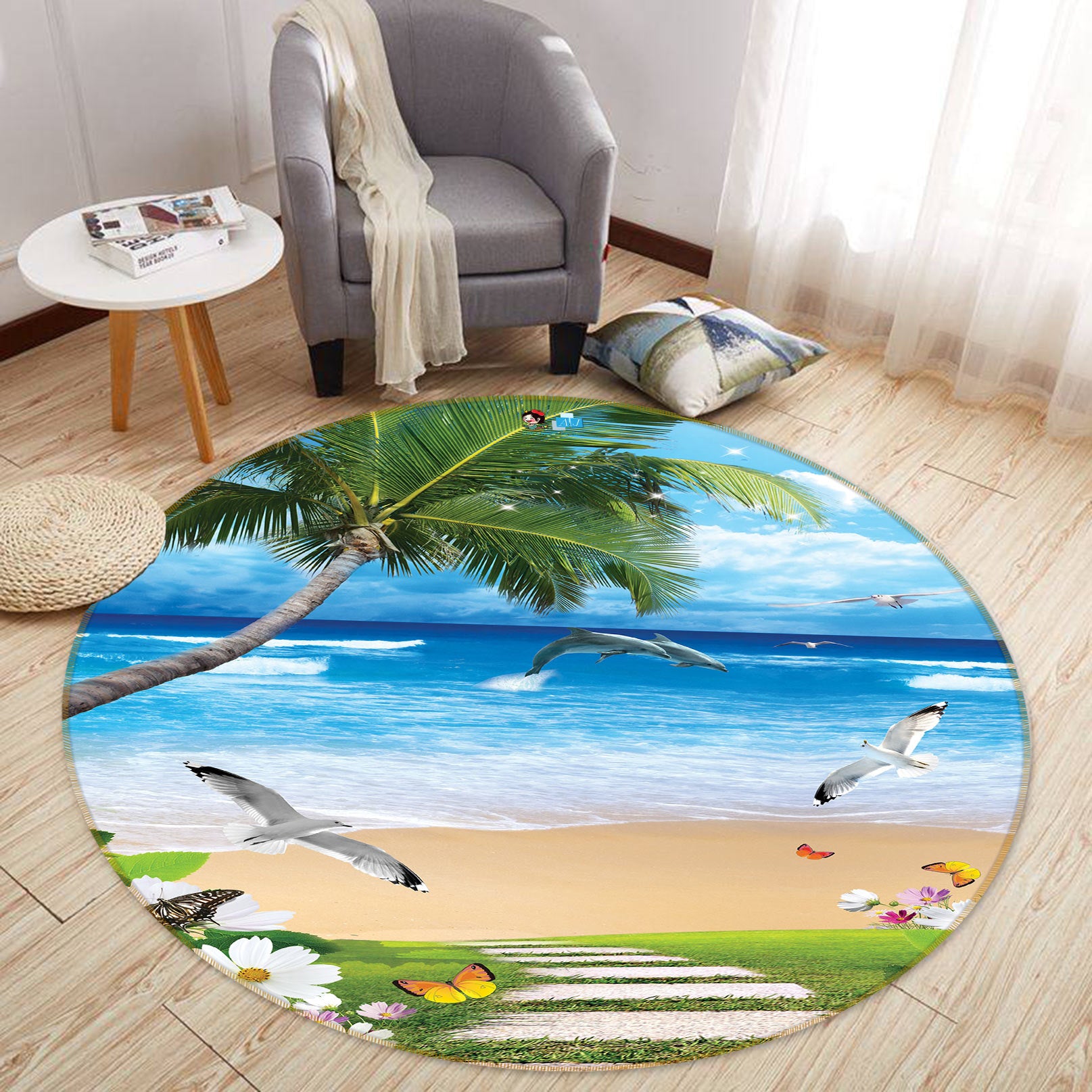 3D Beach Coconut Tree 80260 Round Non Slip Rug Mat
