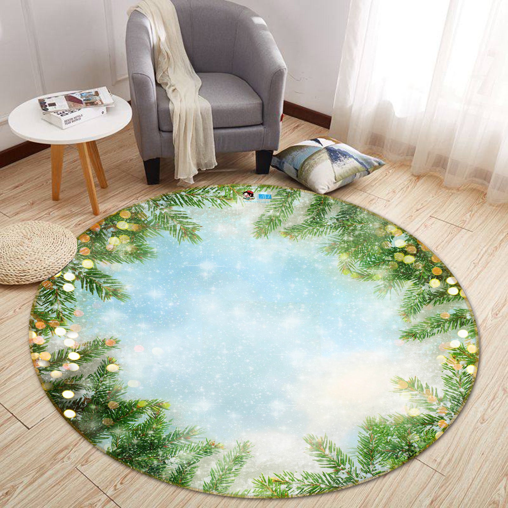 3D Branch Circle 54133 Christmas Round Non Slip Rug Mat Xmas