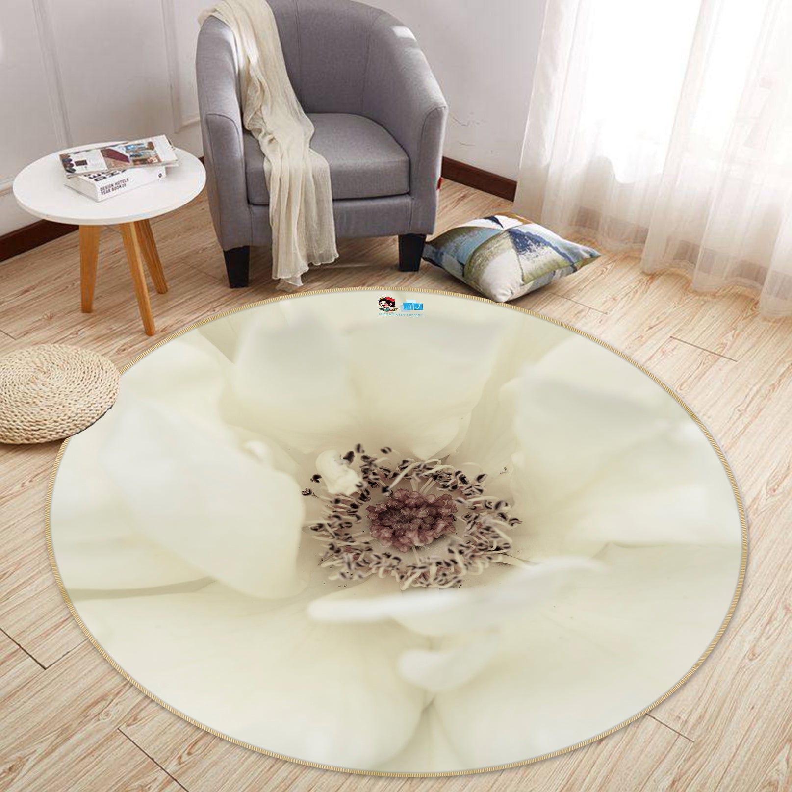 3D White Flower 7599 Assaf Frank Rug Round Non Slip Rug Mat
