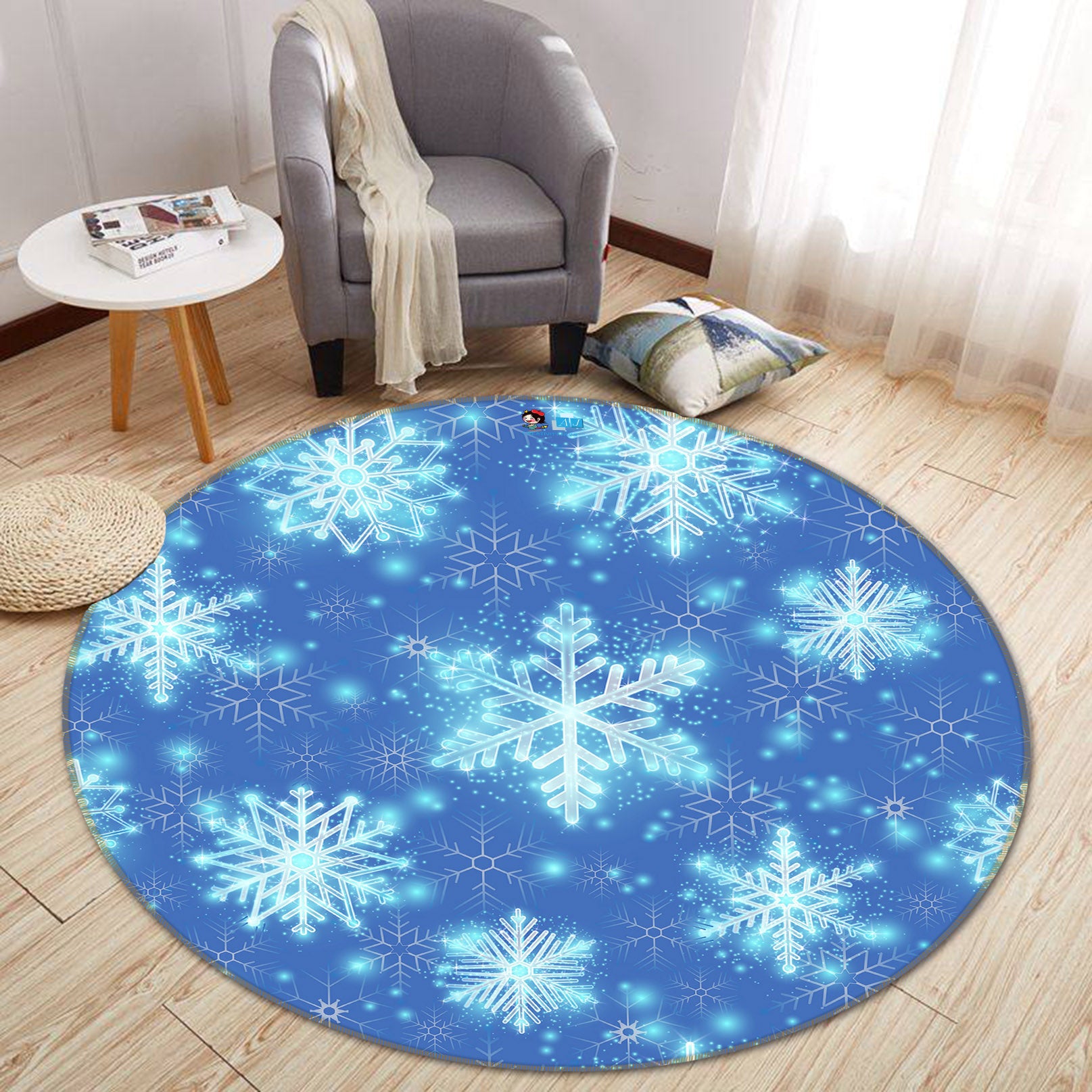 3D Blue Snowflakes 54111 Christmas Round Non Slip Rug Mat Xmas