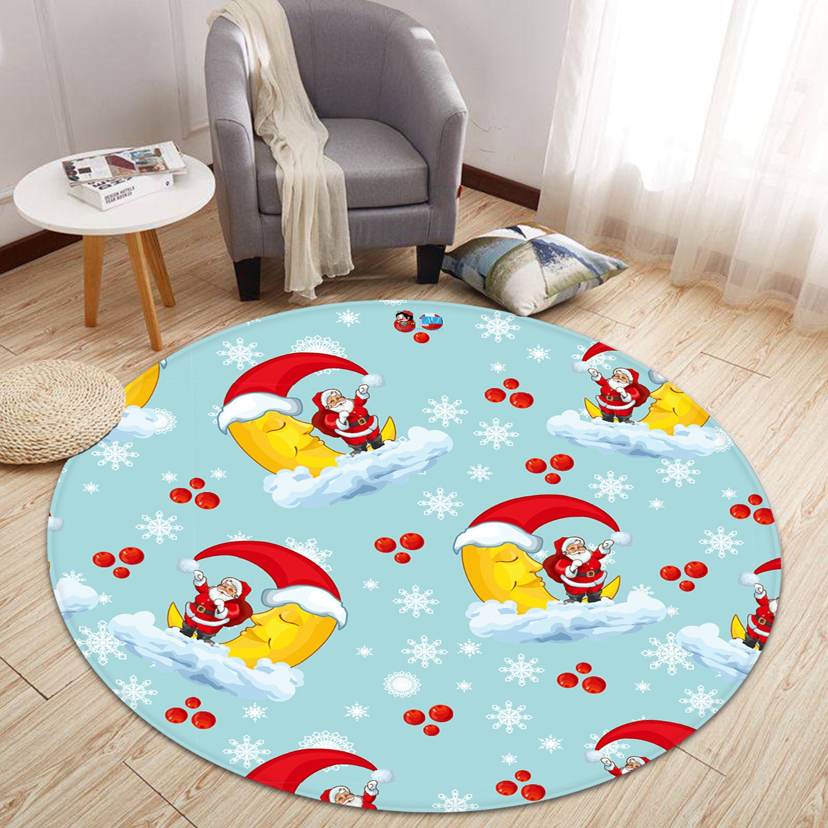 3D Moon Santa 66027 Christmas Round Non Slip Rug Mat Xmas