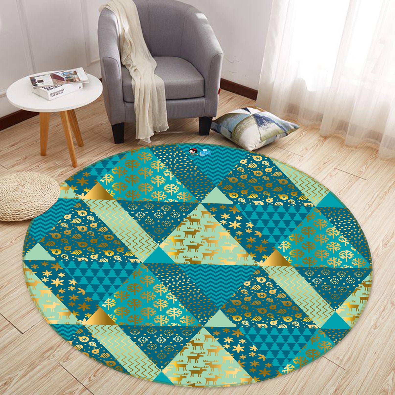 3D Green Triangle Pattern 54063 Christmas Round Non Slip Rug Mat Xmas