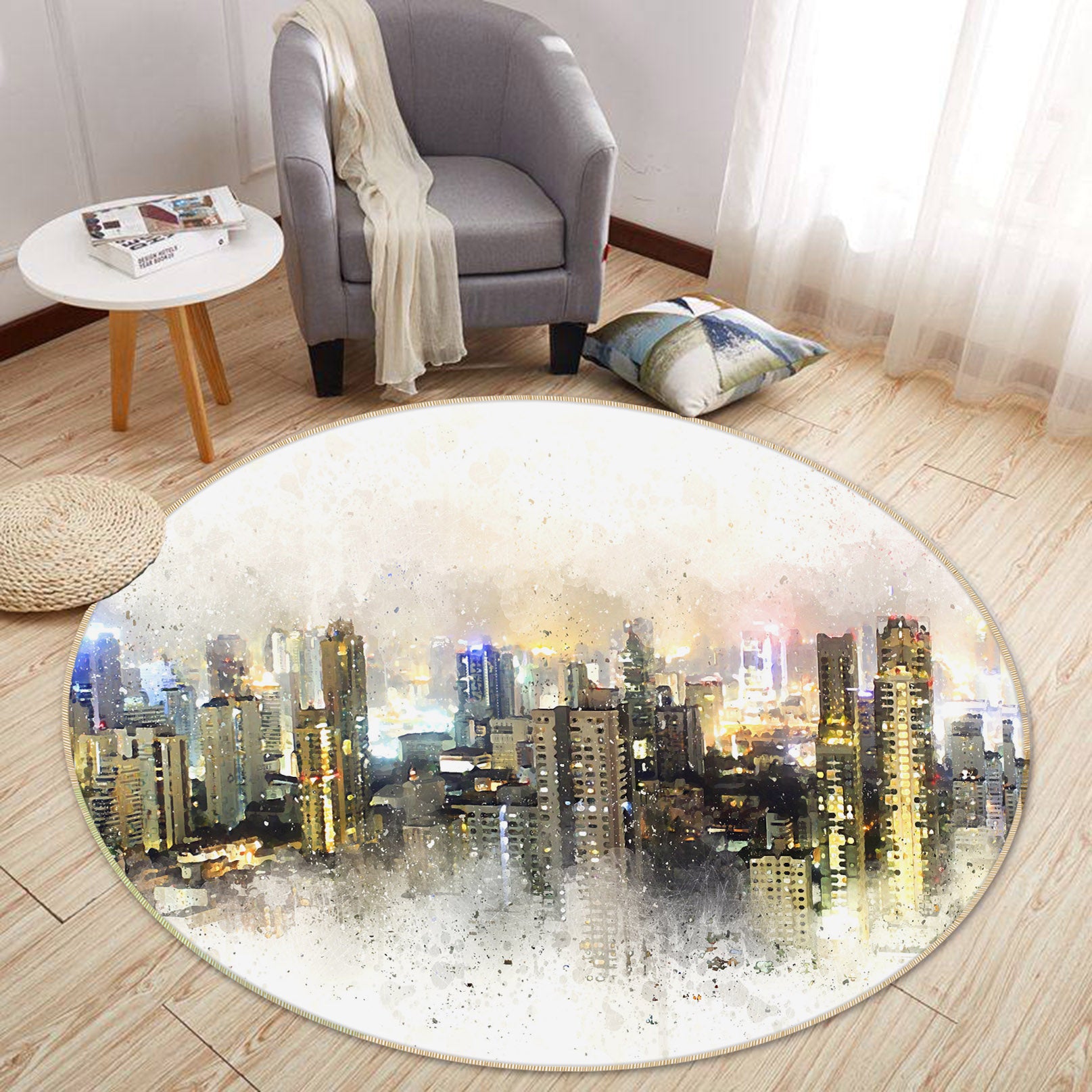 3D High-Rise Building 37026 Round Non Slip Rug Mat