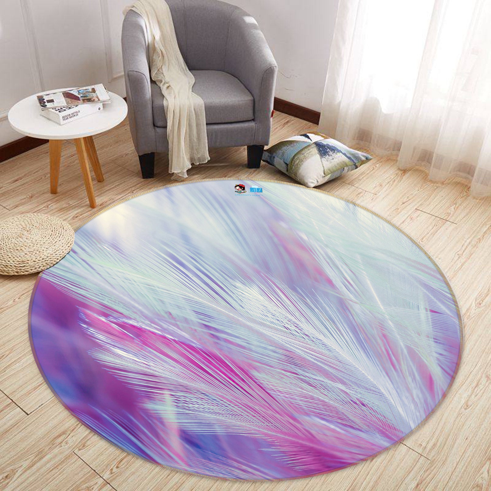 3D Purple Feather 81217 Round Non Slip Rug Mat