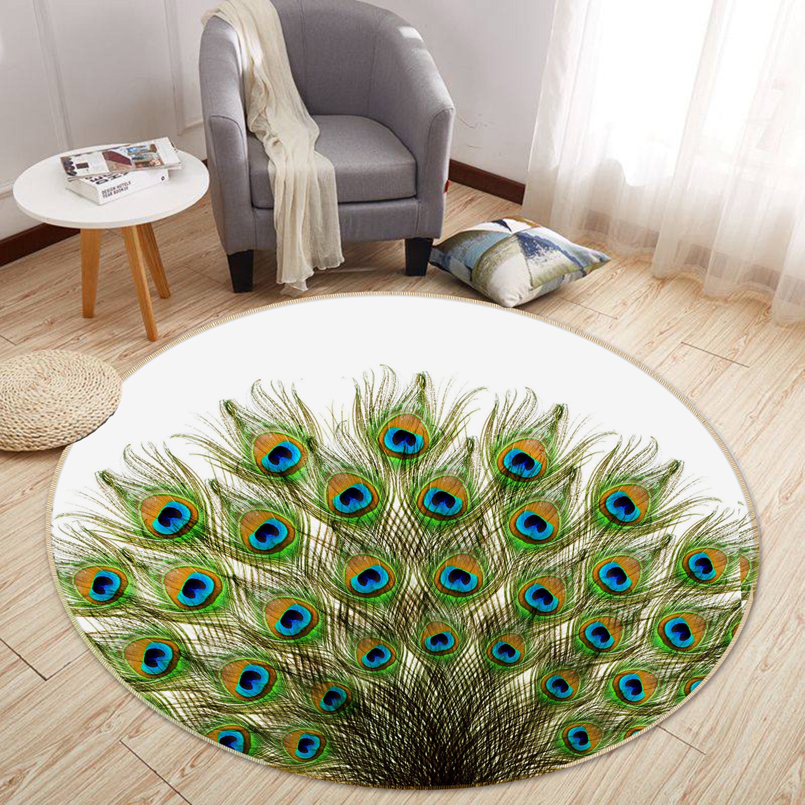 3D Peacock Feather 29024 Round Non Slip Rug Mat