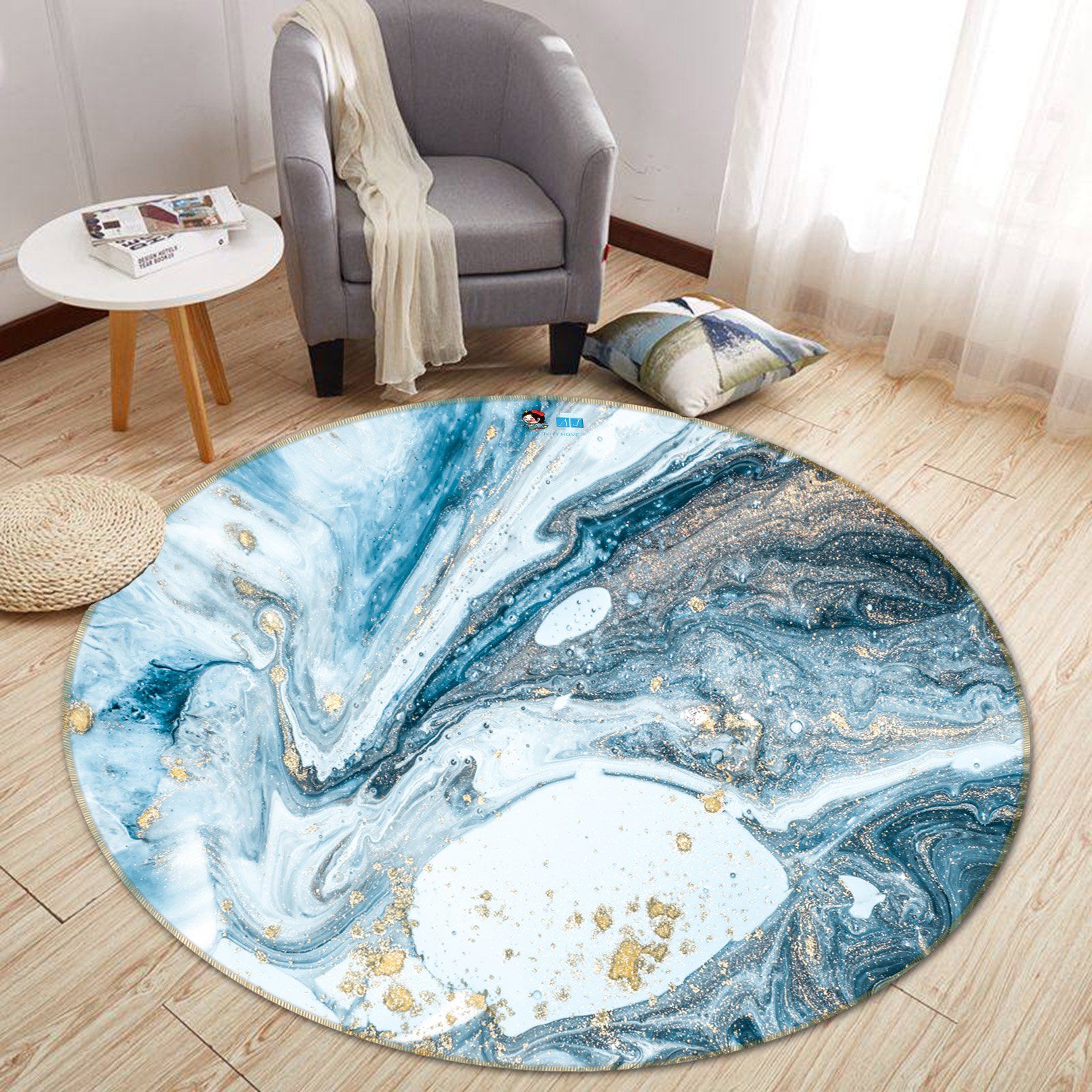 3D Light Blue Rotation Center 151 Round Non Slip Rug Mat Mat AJ Creativity Home 