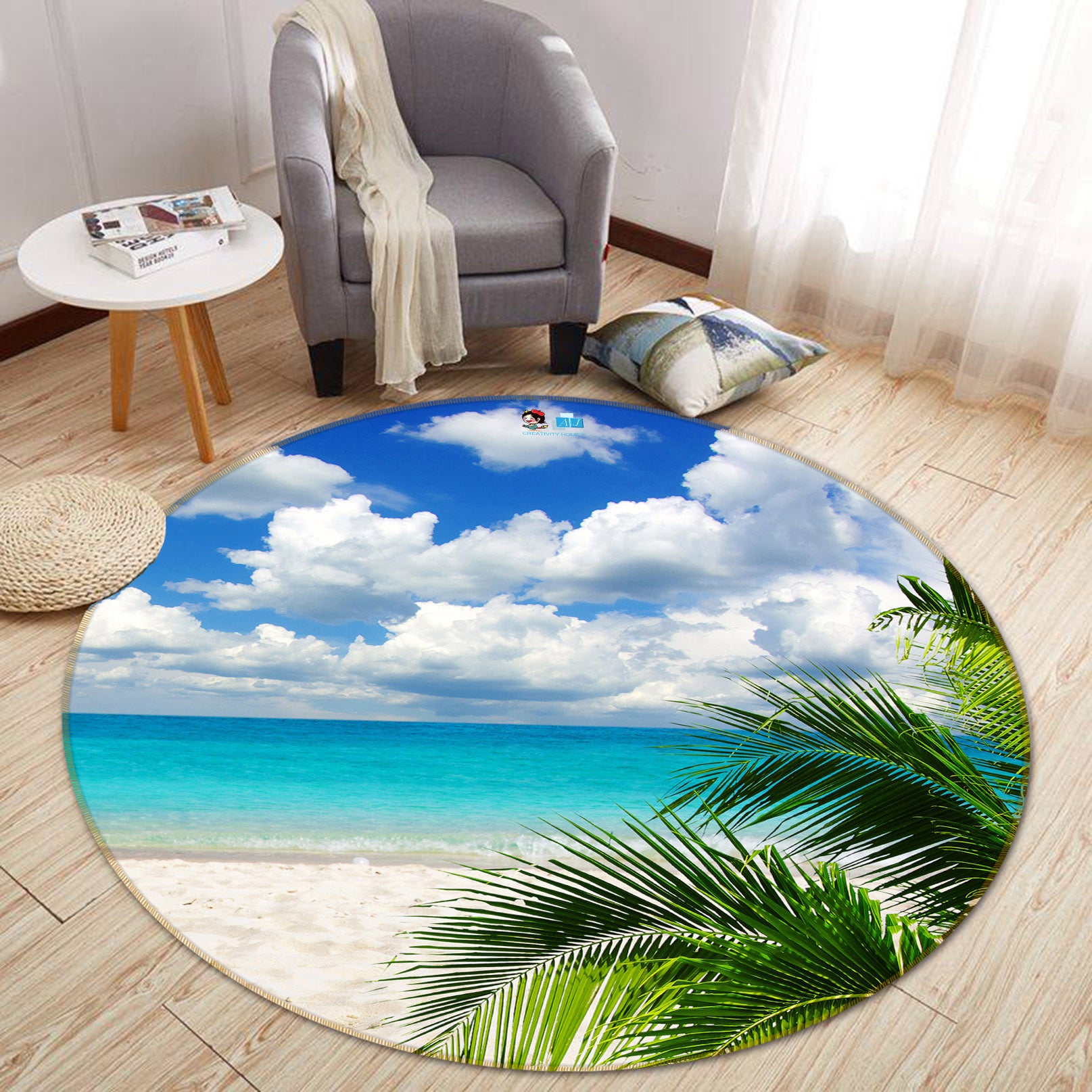 3D Beach Coconut Tree 74137 Round Non Slip Rug Mat