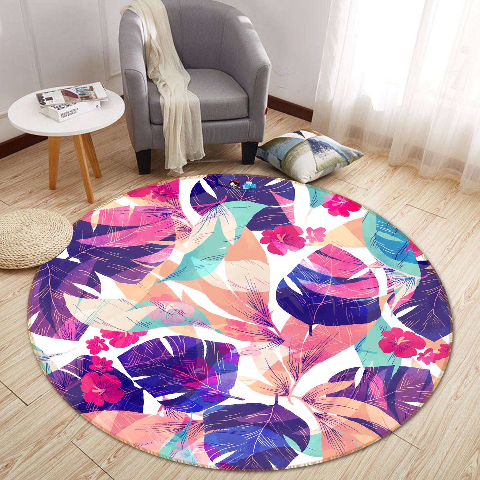 3D Colored Leaves 64079 Round Non Slip Rug Mat