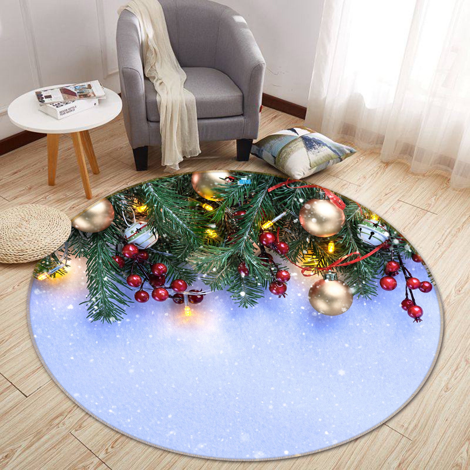 3D Branches Golden Ball Pendant 54171 Christmas Round Non Slip Rug Mat Xmas