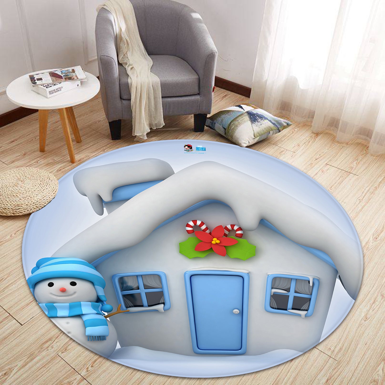 3D Snow House Snowman 65235 Christmas Round Non Slip Rug Mat Xmas