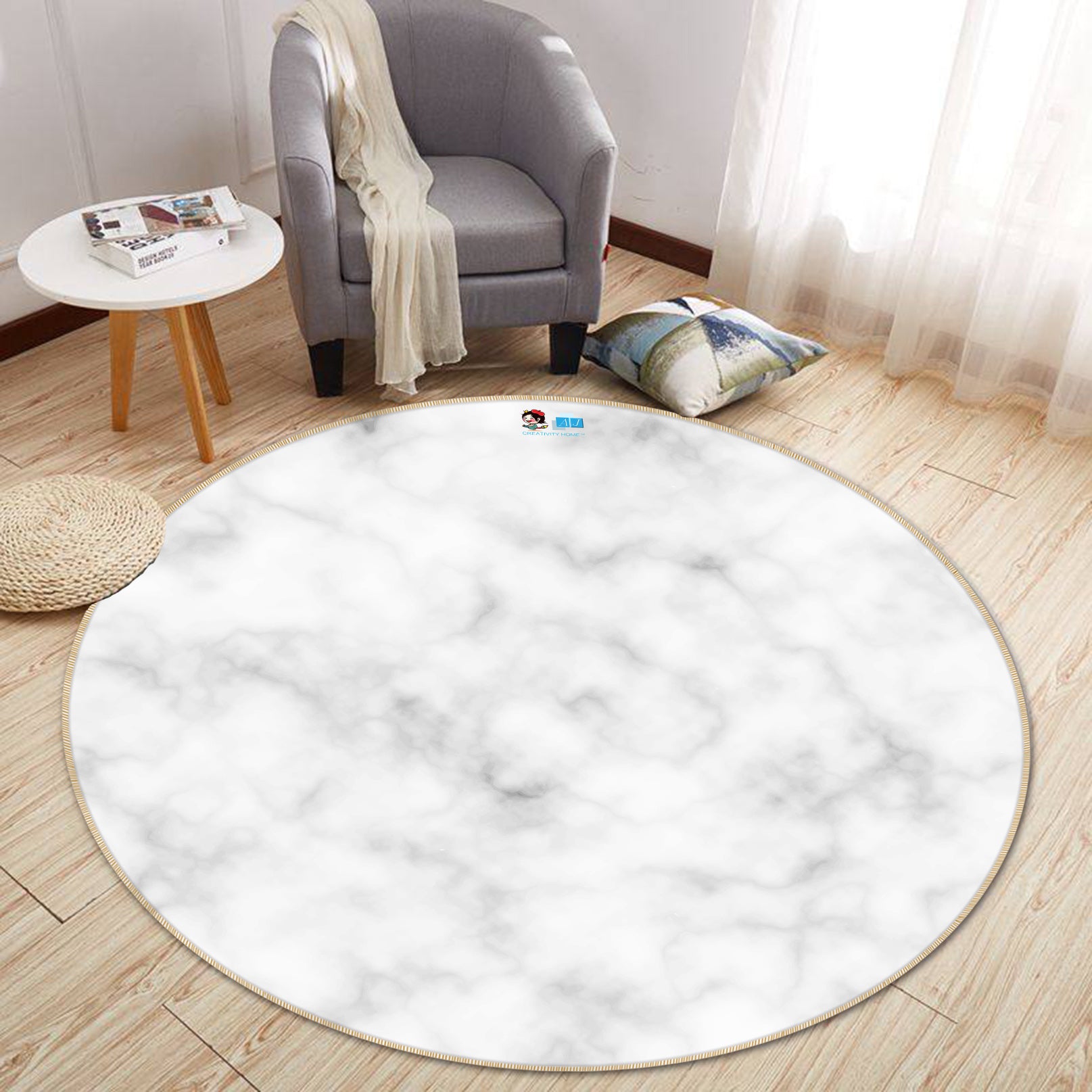 3D Light Grey 64058 Round Non Slip Rug Mat