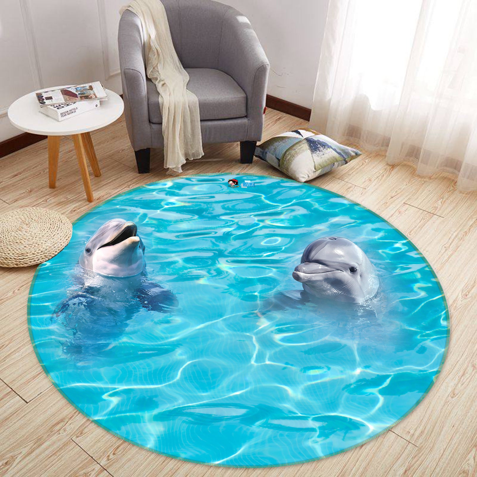3D Dolphin Water Ripple 80263 Round Non Slip Rug Mat