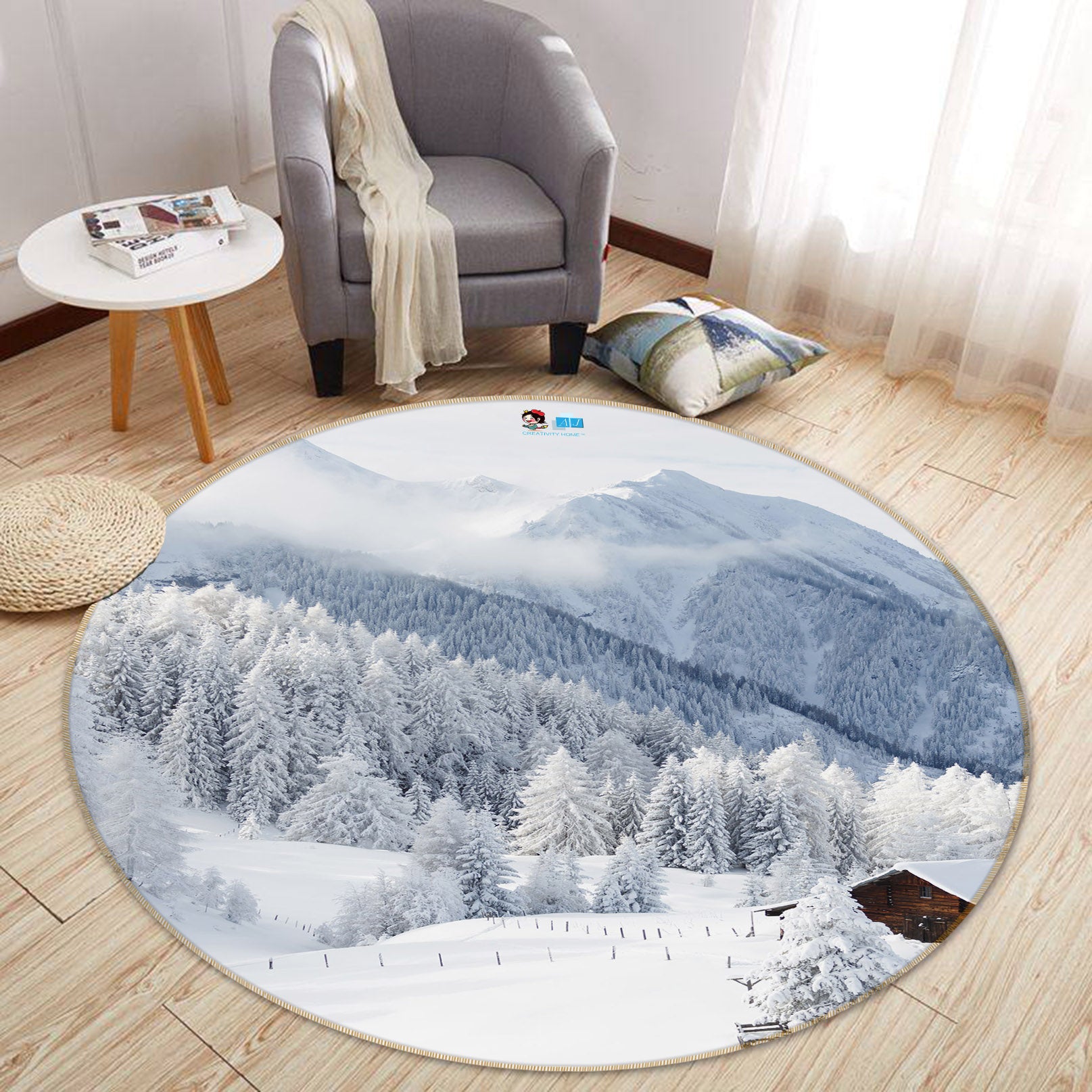3D Snow Mountain Tree 69164 Round Non Slip Rug Mat