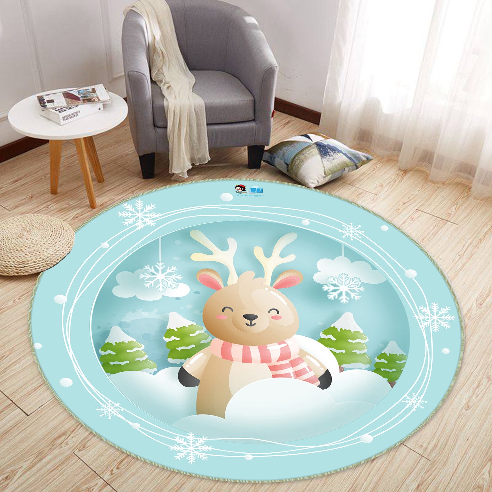 3D Snow Deer 74240 Round Non Slip Rug Mat