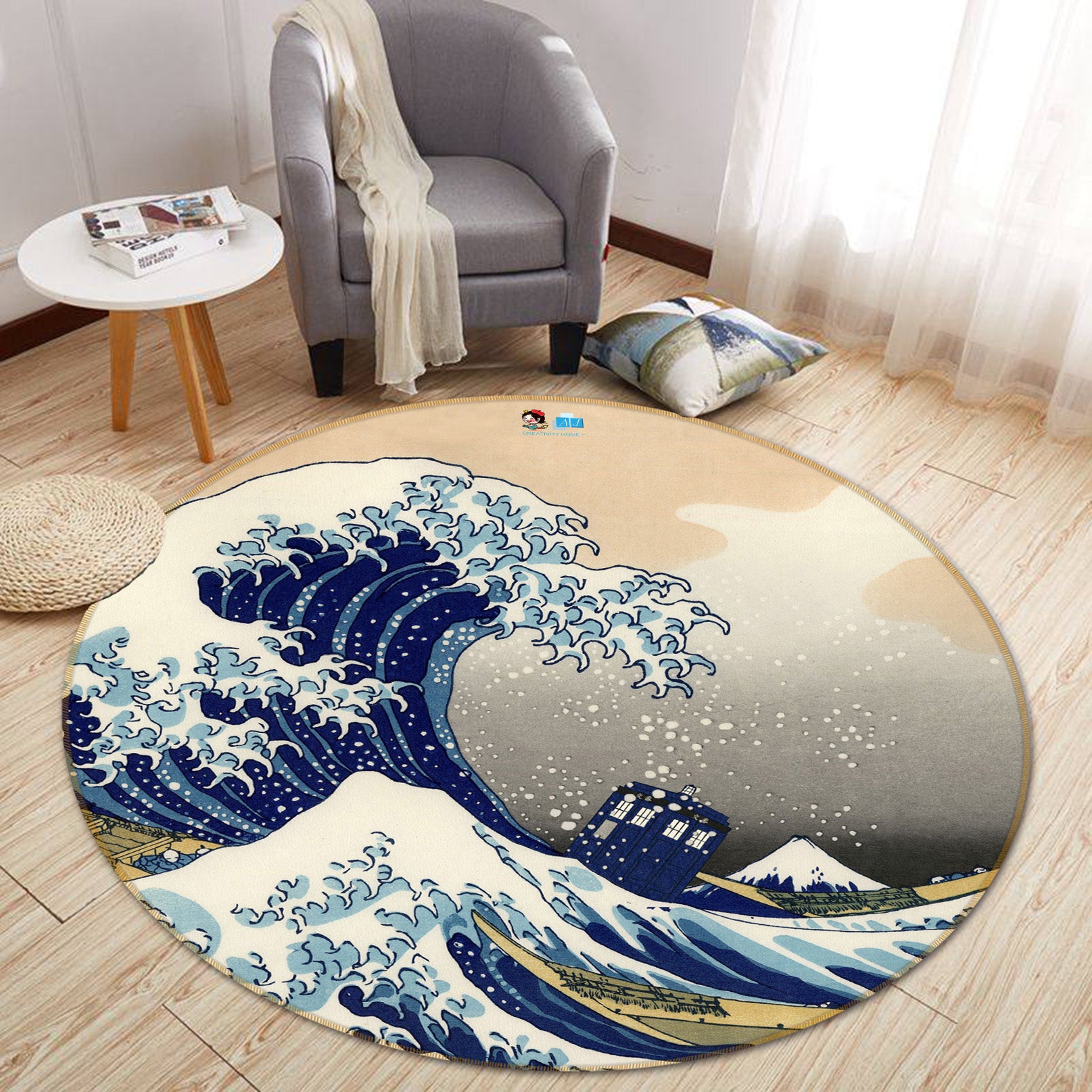 3D Japanese Style Waves 64182 Round Non Slip Rug Mat