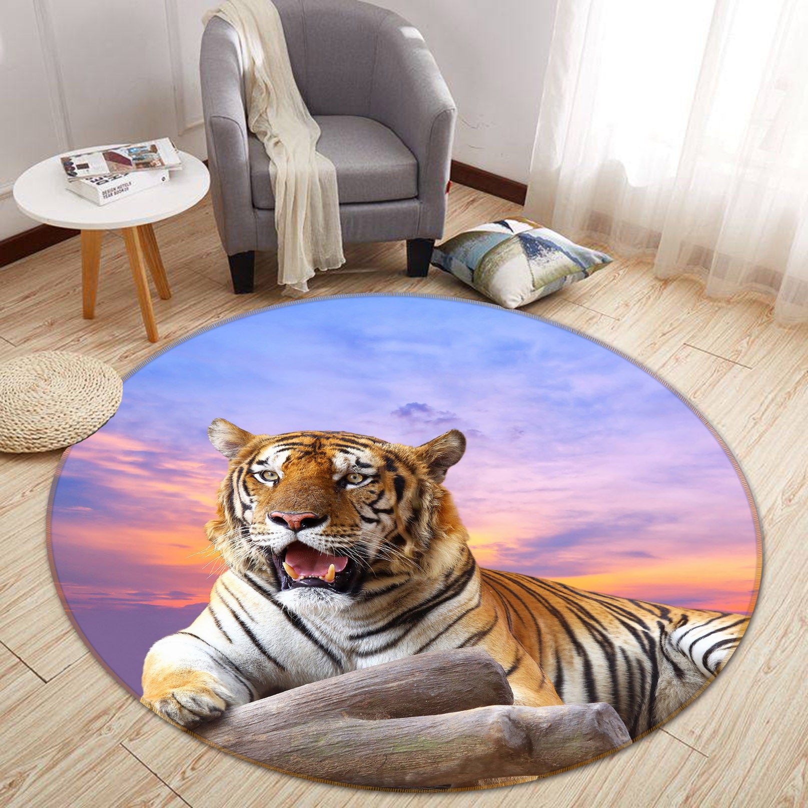 3D Tiger Sky 38070 Animal Round Non Slip Rug Mat