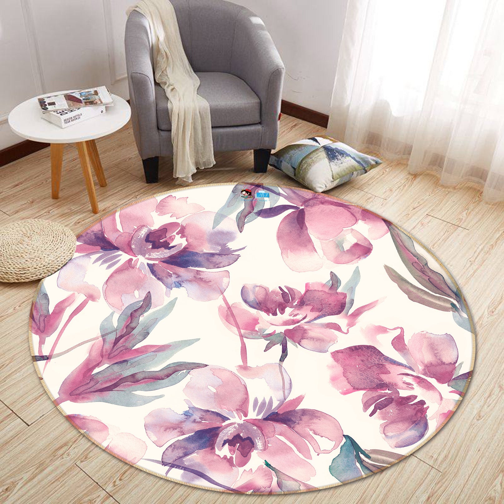 3D Purple Flowers 64161 Round Non Slip Rug Mat