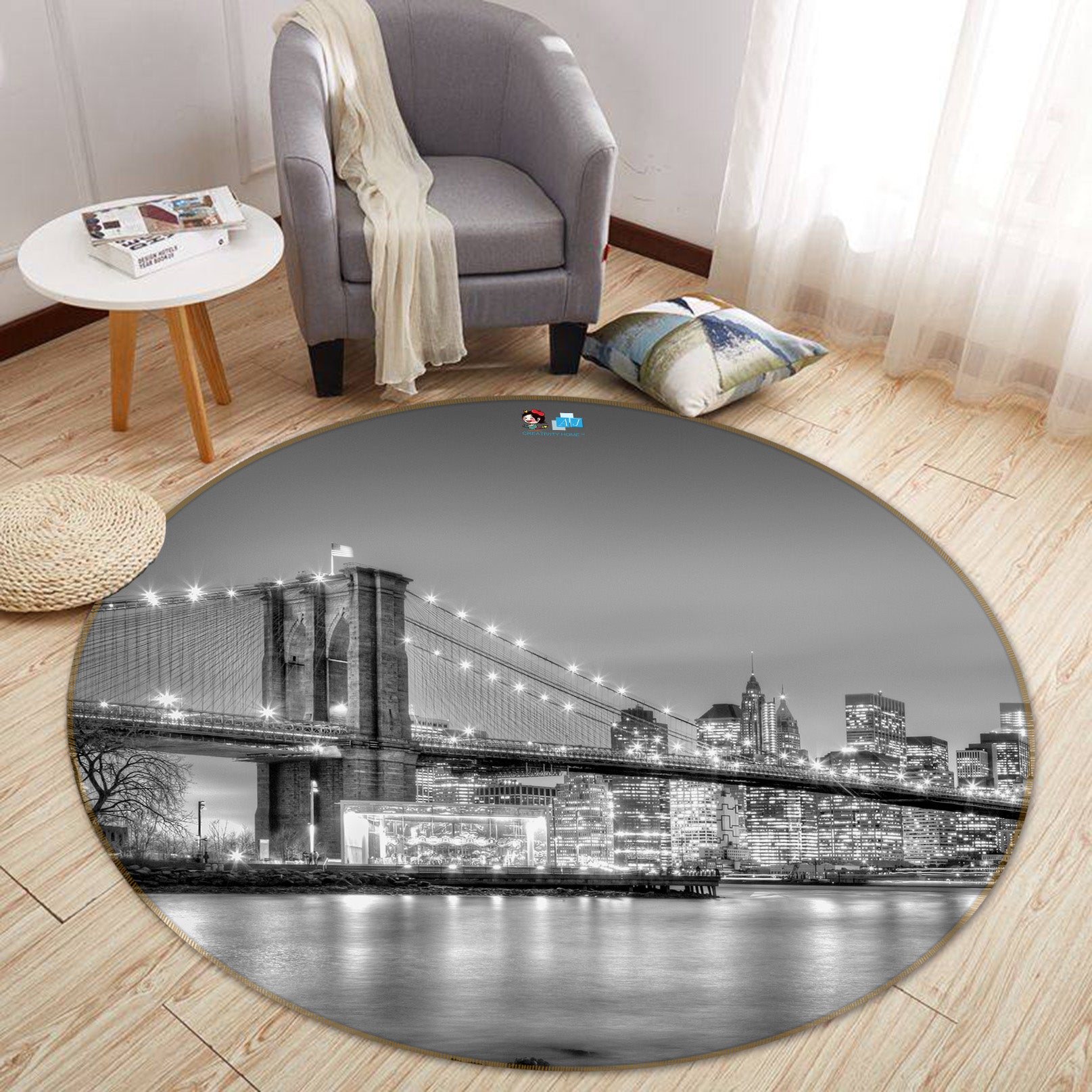 3D Black White Bridge 73025 Round Non Slip Rug Mat