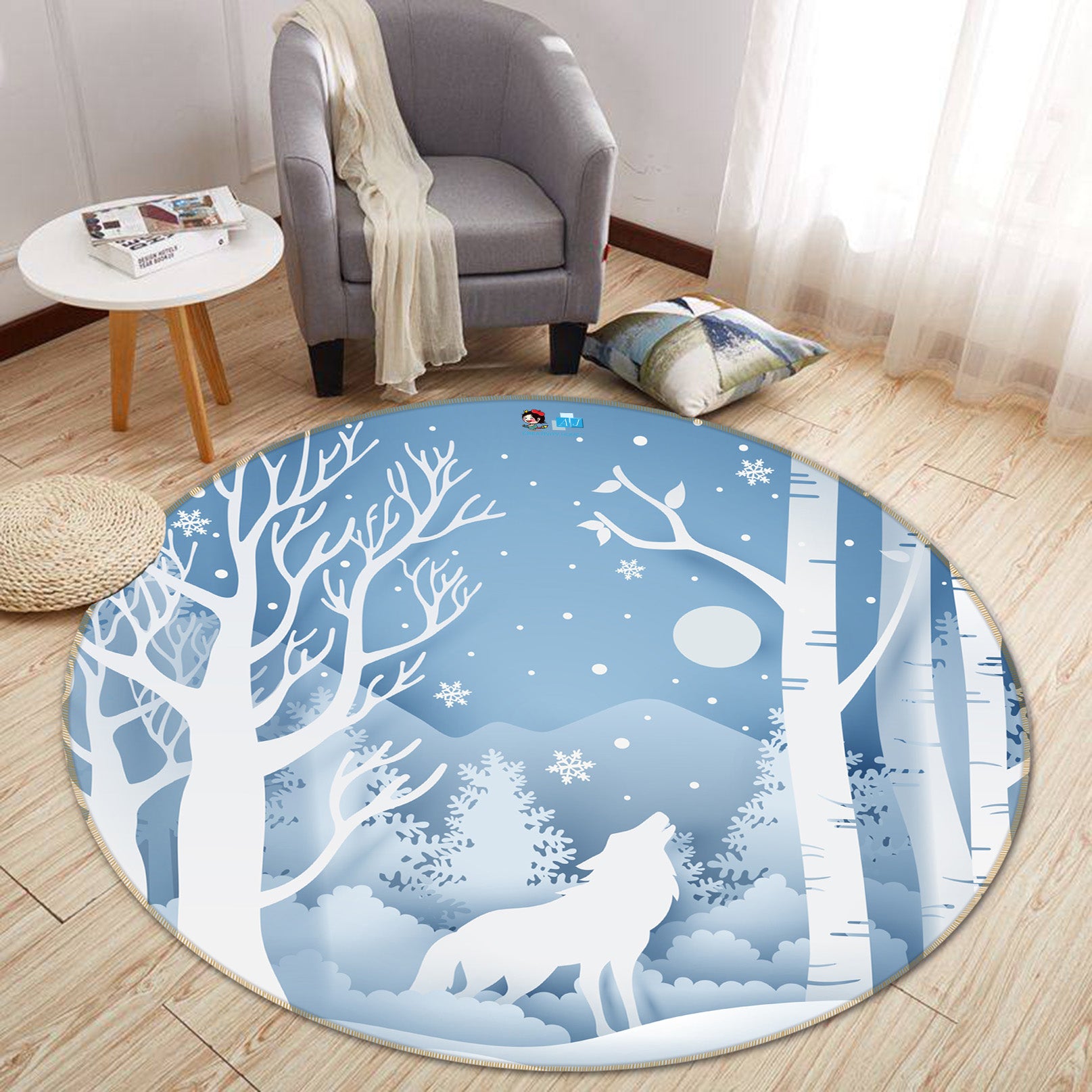 3D Snow White Wolf 74250 Round Non Slip Rug Mat