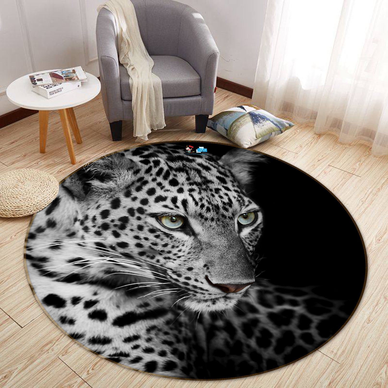 3D Black White Leopard 74010 Round Non Slip Rug Mat